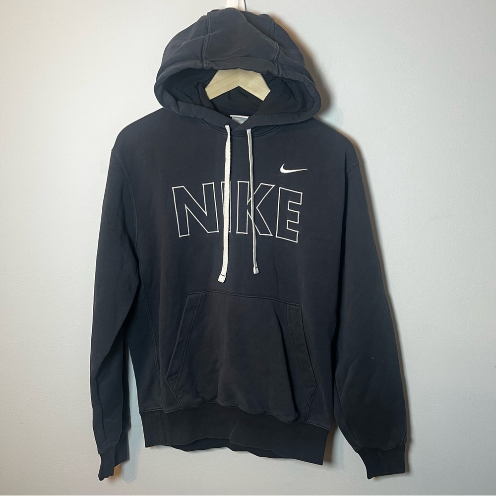 NIKE Fleece Outline Hoodie Men’s S Black Pullover Logo Embroidered Sweatshirt